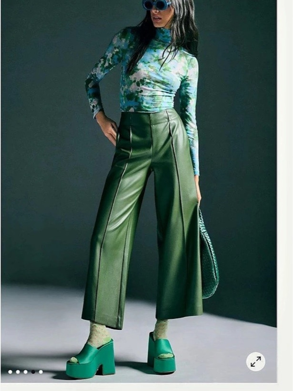Maeve Antropologie Pintuck Wide Leg Faux Leather Pants Green Olive Size 4
